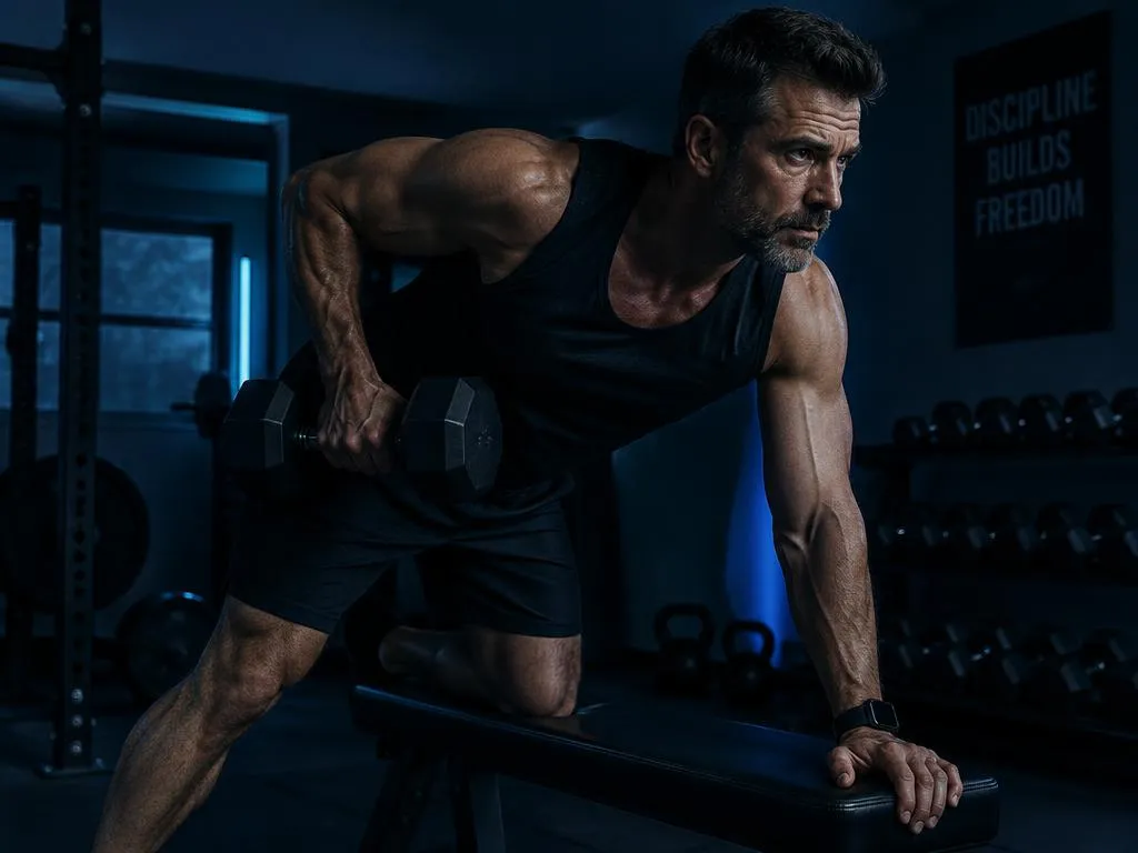 Man doing a dumbbell row in a home gym